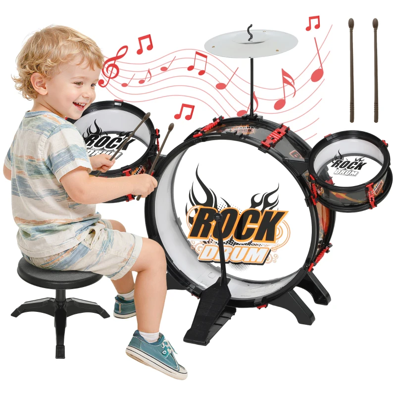 AIYAPLAY Set de Batterie Jouet pour Enfants avec Tabouret, Jeu Musical pour Enfants 3-6 Ans, Noir