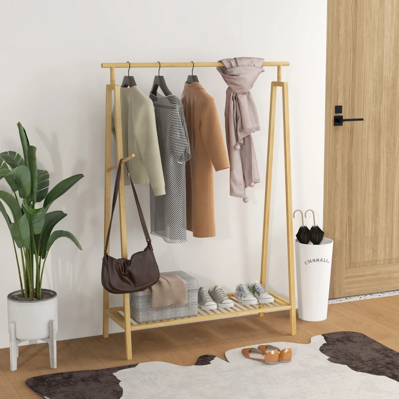 HOMCOM Portant pour vêtements en bambou, Porte-manteau en Bois avec étagère à chaussures dim. 110L x 42l x 152H cm