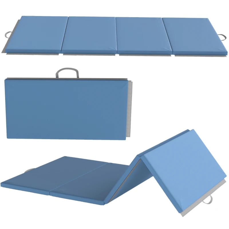 HOMCOM Tappetino fitness pieghevole in 4 con maniglie e rivestimento sintetico 240 x 120 x 5 cm Blu chiaro