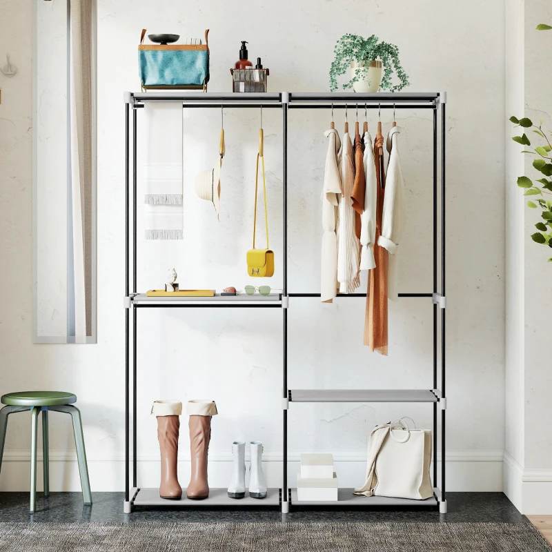 HOMCOM Armadio per Abiti Aperto con 4 Ripiani in Tessuto 3 Barre per Appendere Struttura in Metallo 142x43x185 cm Grigio Chiaro