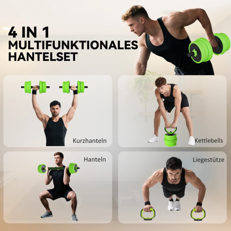 SPORTNOW 4 in 1 Hanteln Set 20 kg verstellbare Kurzhantel & Langhantel Kettlebell Liegestützgriffe Grün
