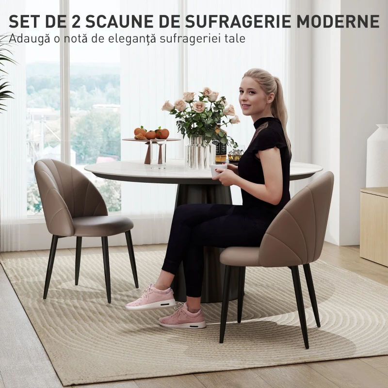 HOMCOM Set 2 Scaune din Piele Ecologică cu Picioare din Oțel și Spătar, 52x54x79 cm, Maro