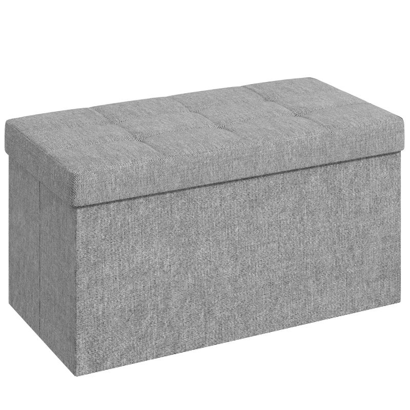 HOMCOM Baú de Arrumação 84L Puff de Arrumação Dobrável Estofado em Linho Sintético com Tampa 76x38x38 cm Cinzento Claro