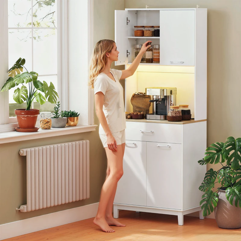 HOMCOM Moderne Anrichte mit LED, Steckdosen und USB, 2 Schränke und Schublade, 71x40x180 cm, Weiß