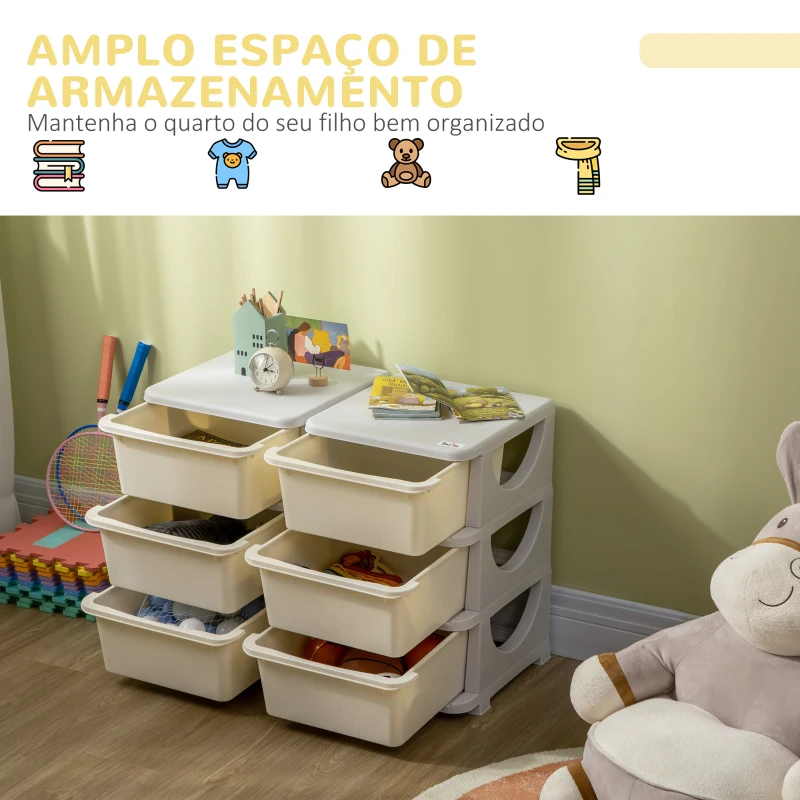 HOMCOM Organizador de Brinquedos com 6 Gavetas para Crianças com Bordas Arredondadas e Pegas 75x37x56,5 cm Creme e Cinza