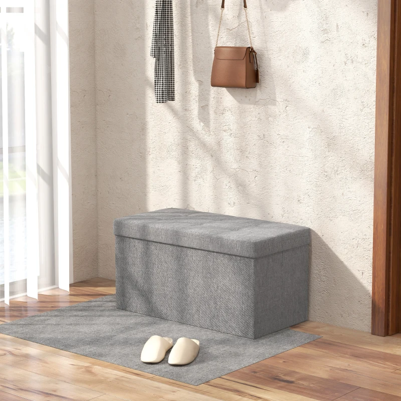 HOMCOM Baú de Arrumação 84L Puff de Arrumação Dobrável Estofado em Linho Sintético com Tampa 76x38x38 cm Cinzento Claro
