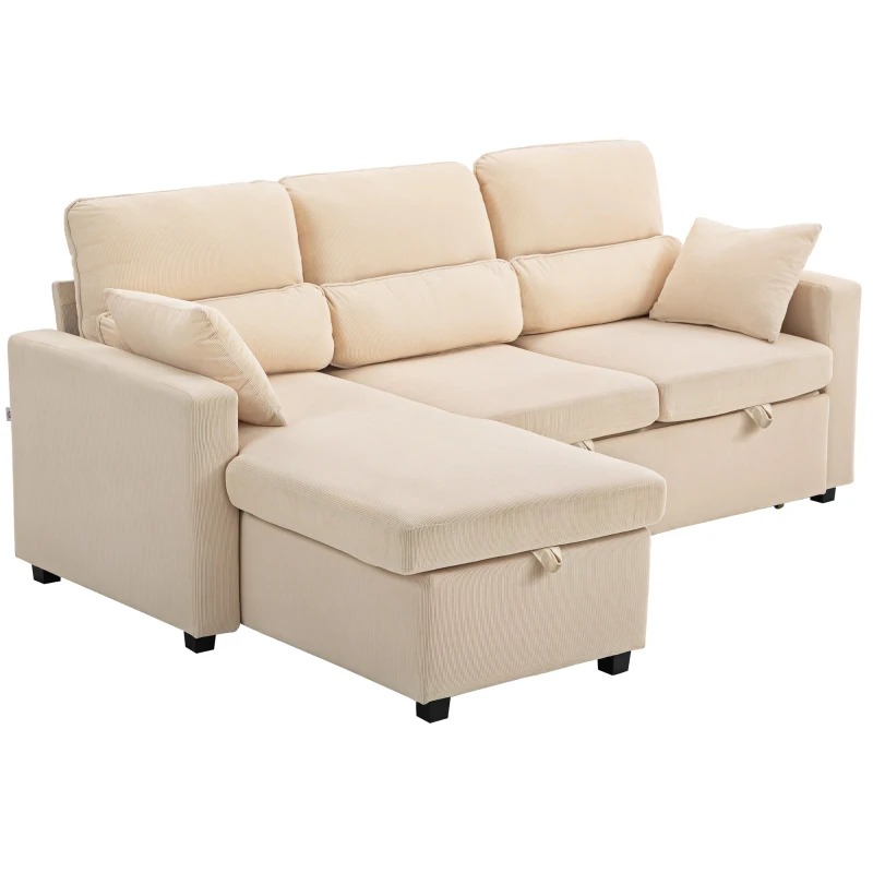 HOMCOM Divano Letto Angolare con Vano Contenitore, Rivestimento in Velluto a Coste e 2 Cuscini, 205x135x76 cm, Beige