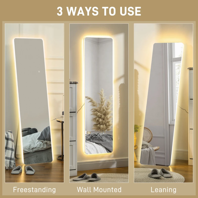 HOMCOM Oglindă întreagă cu LED-uri, control tactil, reglabil, fără ramă, 40 x 150 cm