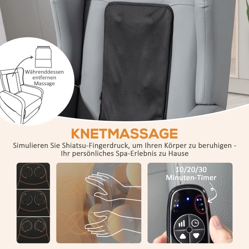 HOMCOM Massagestoel met rugleuningfunctie, kunstleer, elektrisch verstelbaar, voetsteun, zijvak, stalen frame, grijs(m-4)
