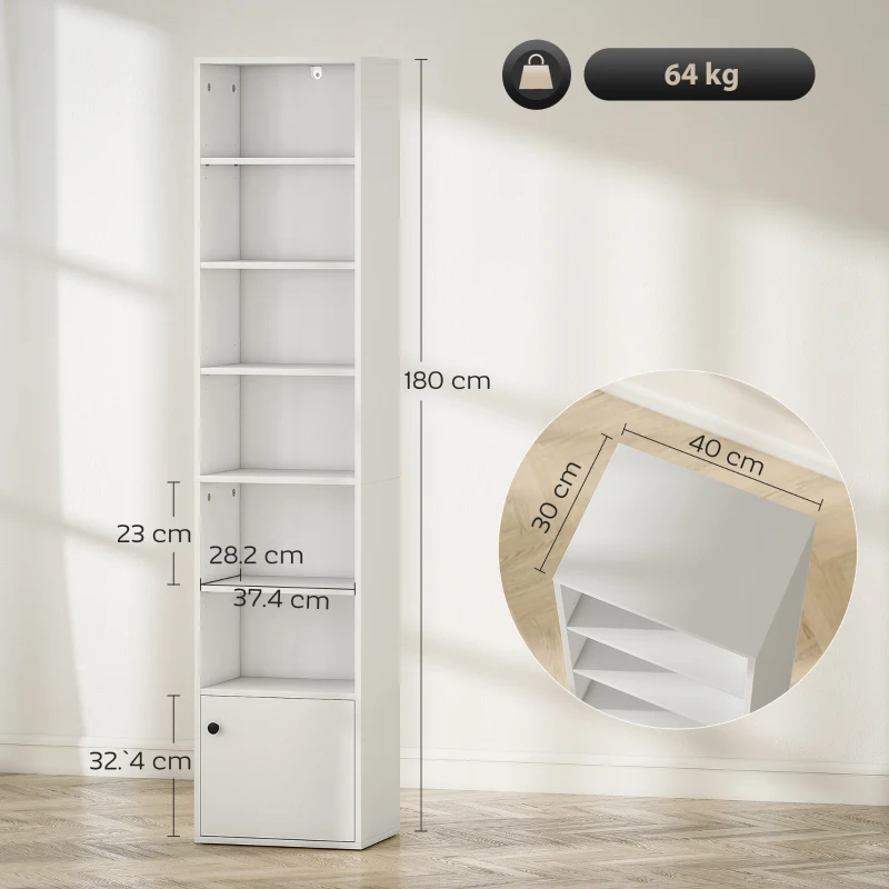 HOMCOM Libreria a 7 Livelli in Stile Moderno con Ripiani Aperti e Anta 40x30x180 cm Bianco