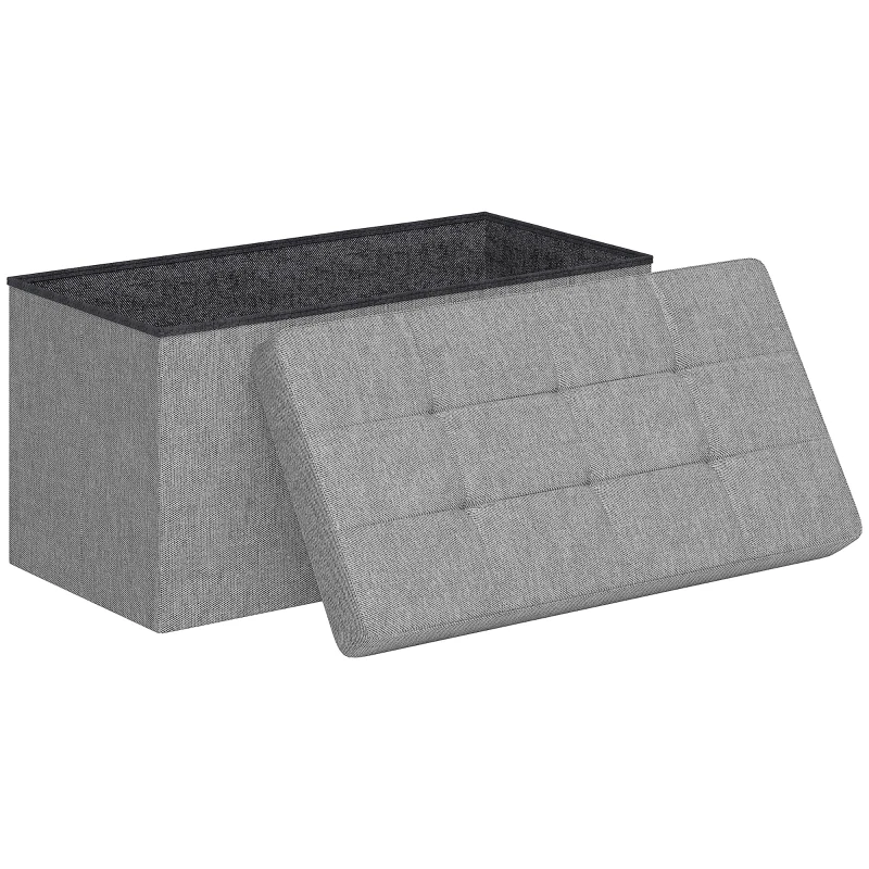 HOMCOM Baú de Arrumação 84L Puff de Arrumação Dobrável Estofado em Linho Sintético com Tampa 76x38x38 cm Cinzento Claro
