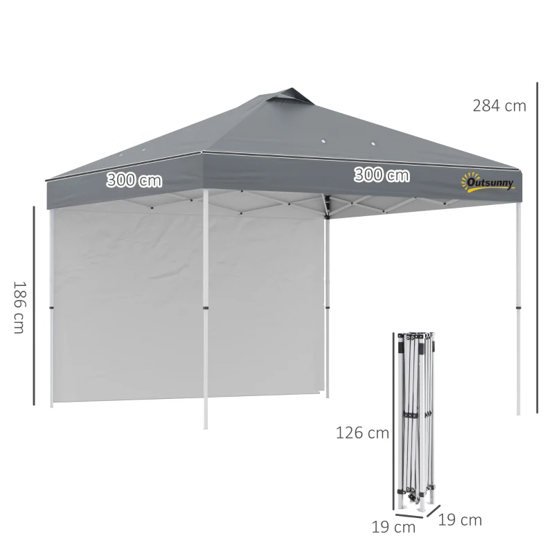 Outsunny 3x3(M) Pop Up Gazebo with 1 Side and Roller Bag, Height Adjustable Party Tent Event Shelter for Garden, Patio, Grey