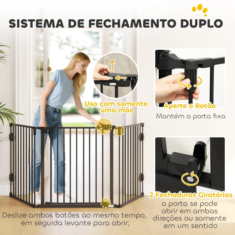 PawHut Barreira de Segurança para Cães Dobrável Barreira de Proteção para Lareira 202,5 cm com Porta para Escada Corredor Preto