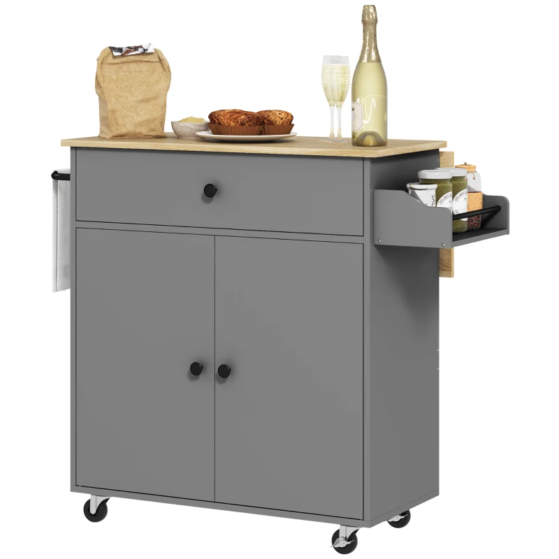 HOMCOM Desserte de cuisine sur roulettes, Îlot central cuisine tiroir étagère réglable support à épices et porte-serviette gris