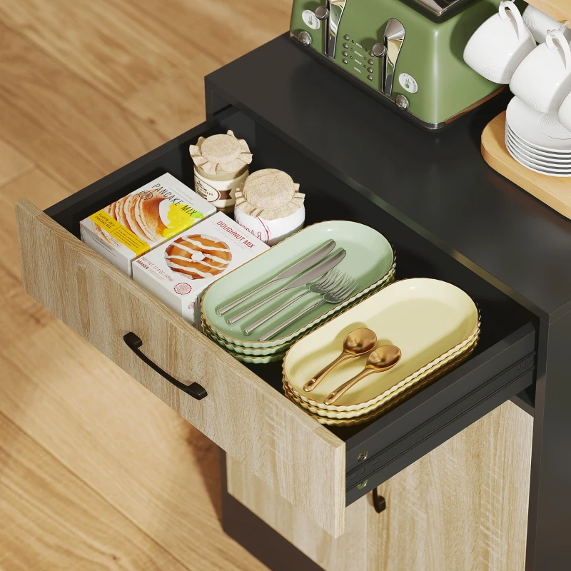 HOMCOM Kitchen cabinet with worktop and cable hole, modern kitchen chest with drawer, 3 open shelves, natural wood, black