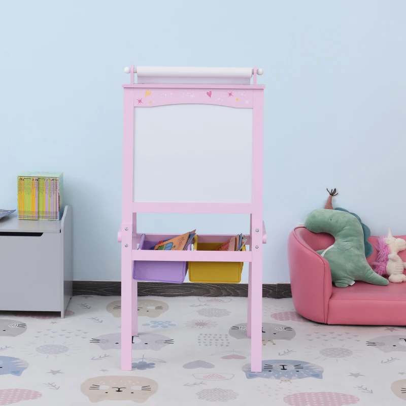 HOMCOM 3 en 1 Tableau Enfant - chevalet Enfant - Ardoise Double Face - Tableau Blanc Tableau à Craie - Rouleau Papier avec accessoires + paniers Rangement intégrés - MDF Rose