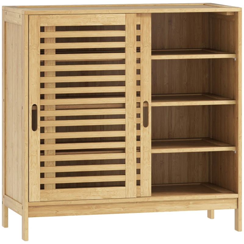 HOMCOM Meuble à chaussures avec 2 portes coulissantes à lames étagères réglables pour 16 paires de chaussures 80x35x80 cm naturel