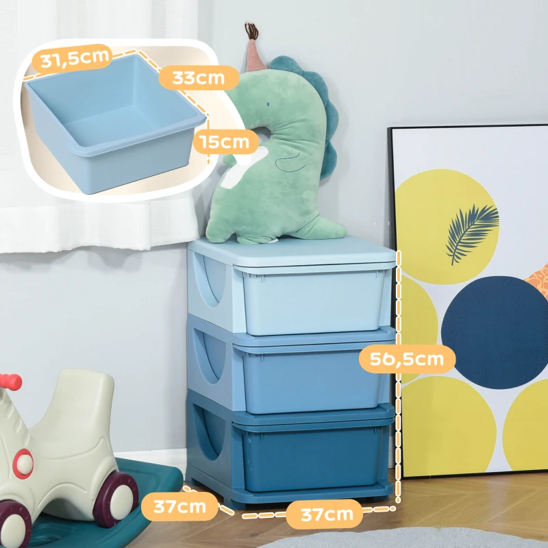 HOMCOM Aufbewahrungsboxen für Kinder, 3 Schubladen, abgerundete Kanten, erhöhtes Design, 37x37x56,5 cm, Blau