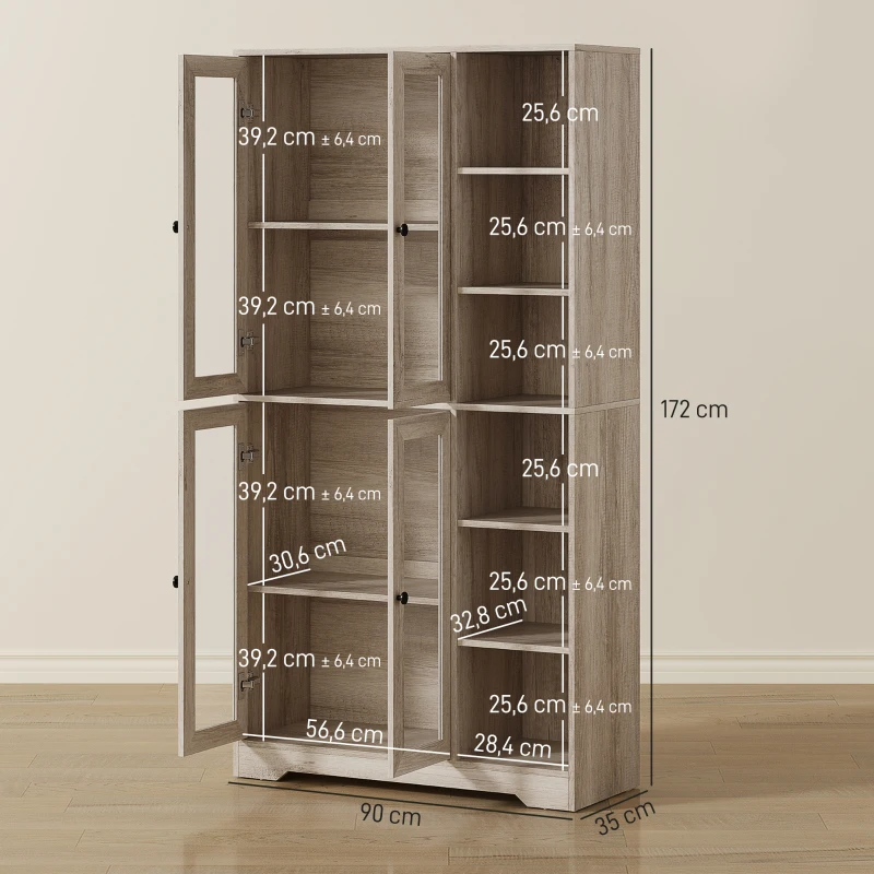 HOMCOM Armário de Cozinha Móvel Auxiliar de Cozinha com Prateleiras Abertas e 4 Portas de Vidro 90x35x172 cm Cinza Claro