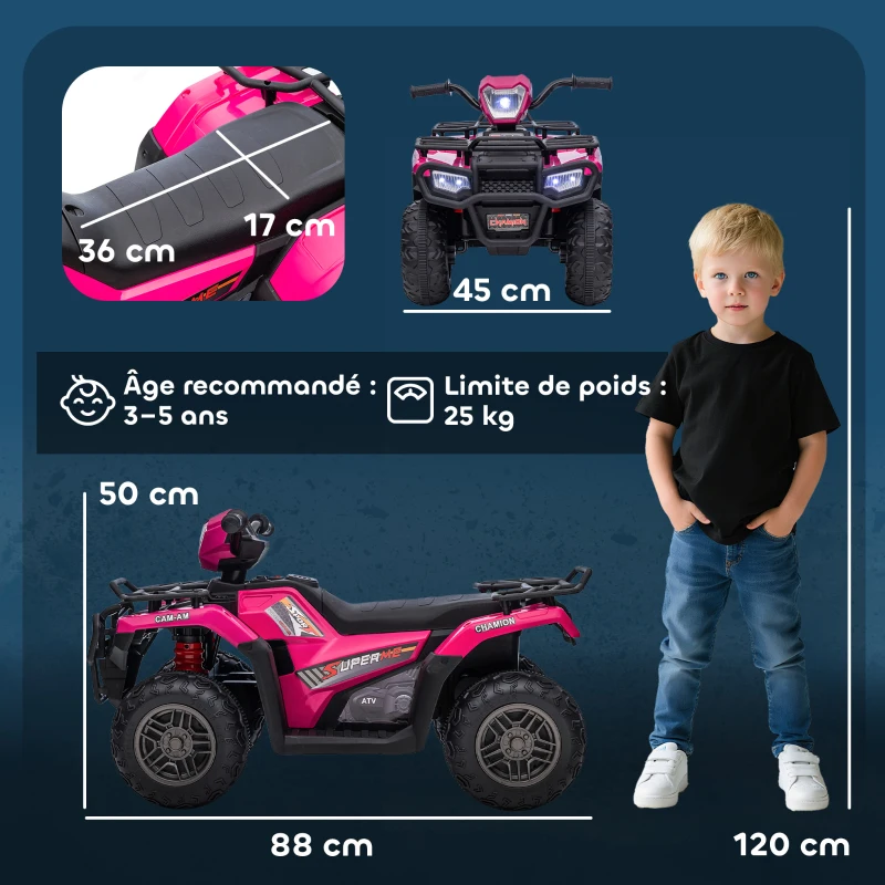 HOMCOM Quad électrique enfant 12V, voiture électrique enfants, double moteur, phares et musique, 88x45x50cm, rose(m-3)