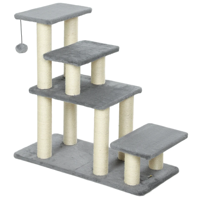PawHut Verstellbare Haustiertreppe 3/4 Stufen Katzentreppe Hundetreppe Sisal-Kratzsäulen 70 x 32 x 68 cm grau