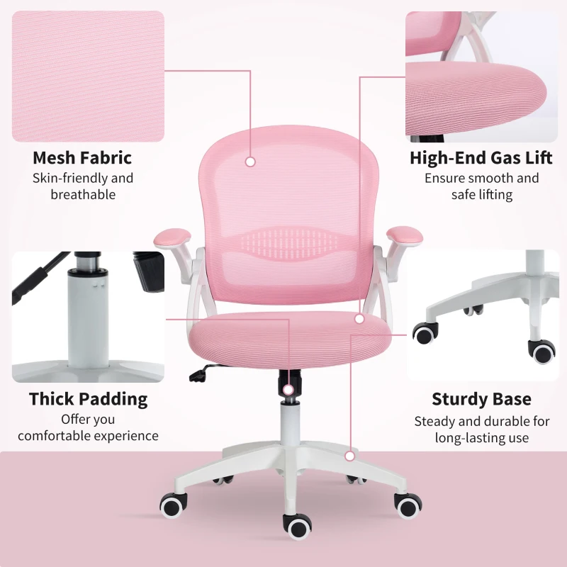 Vinsetto Ergonomischer und verstellbarer Bürostuhl mit Netzrücken und gepolstertem Sitz, 65.5x61.5x88-97.5 cm, Rosa