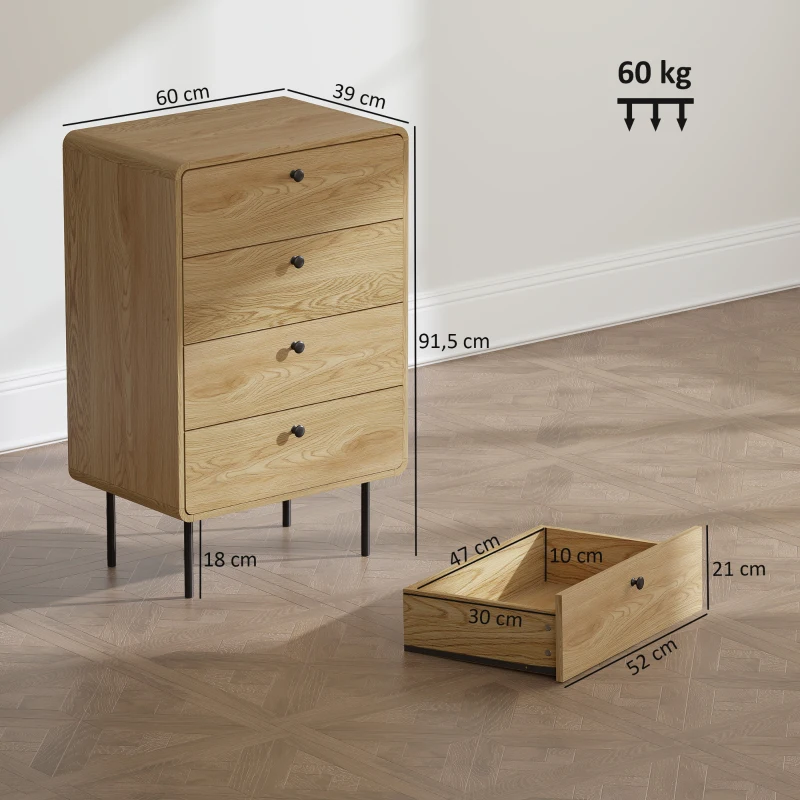 HOMCOM Cómoda 4 cajones, mueble de almacenamiento estrecho con patas de acero, esquinas redondeadas, 60 x 39 x 91,5 cm, roble