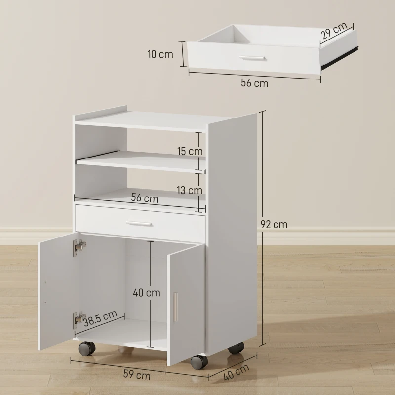 HOMCOM Mobile portamicroonde, con ripiano, armadietto a due ante, cassetto, ruote, Bianco