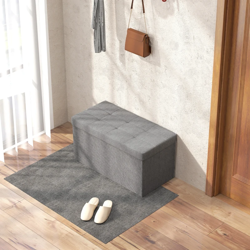 HOMCOM Baú de Arrumação 84L Puff de Arrumação Dobrável Estofado em Linho Sintético com Tampa 76x38x38 cm Cinzento Claro