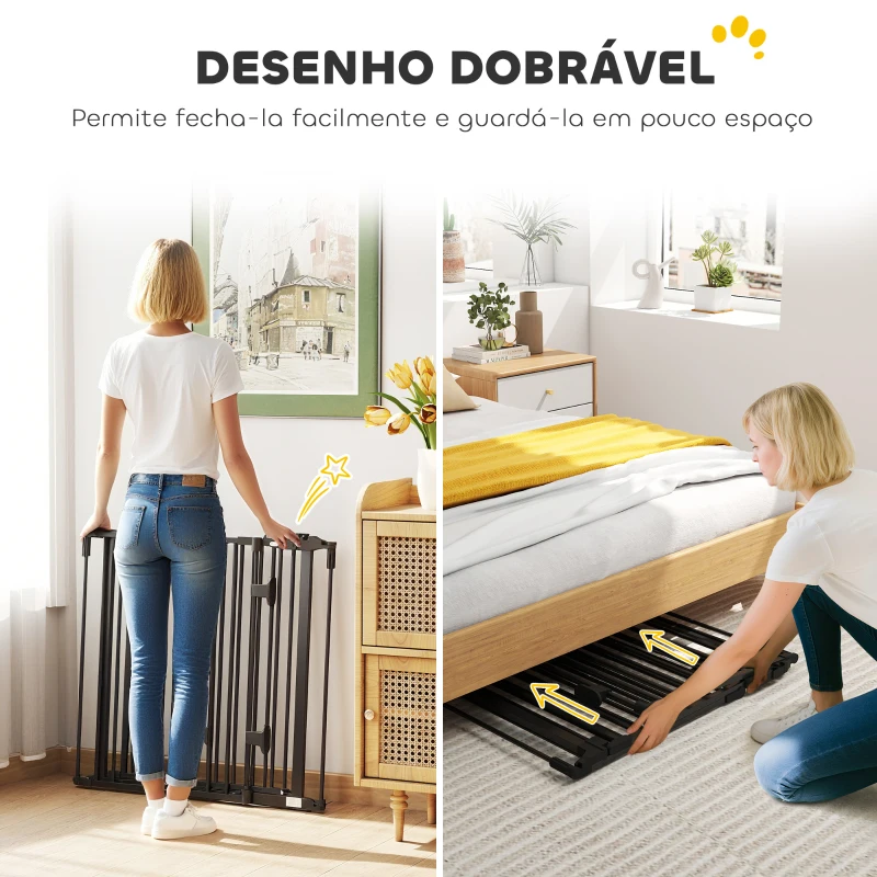 PawHut Barreira de Segurança para Cães Dobrável Barreira de Proteção para Lareira 202,5 cm com Porta para Escada Corredor Preto