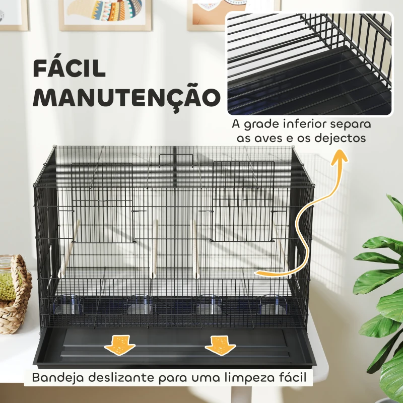 PawHut Gaiola para Pássaros com Divisória Gaiola para Aves com 4 Comedouros 4 Poleiros e Bandeja Amovível 76x46x46 cm Preto