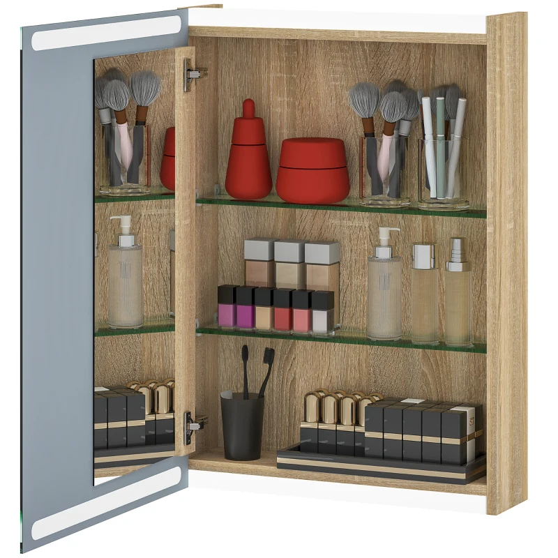 HOMCOM Armoire murale meuble salle de bain avec miroir, éclairage LED et étagères en verre réglables 50x12,5x70cm, bois naturel