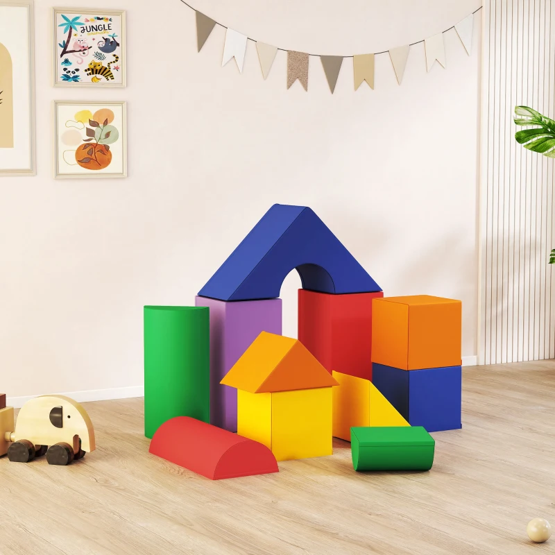 HOMCOM Parcours motricité bébé 11PCS, module motricité bébé en mousse EPE avec housse en revêtement synthétique, blocs mousse de construction, jouets éducatifs pour enfants de 1-3 ans, multicolore(m-8)