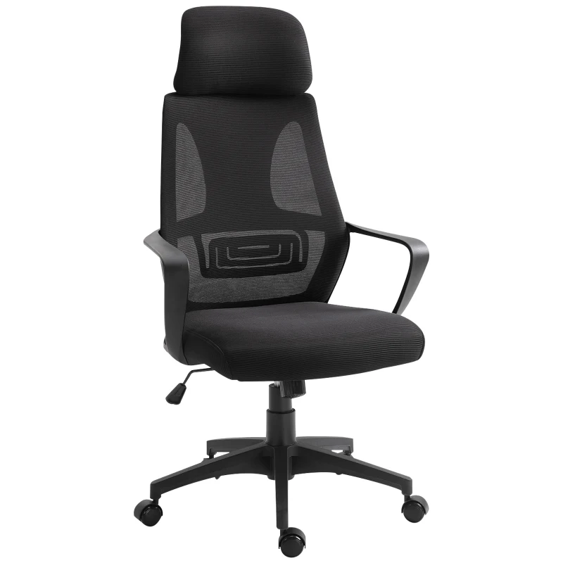 Vinsetto Scaun de Birou Ergonomic cu Brațe și Tetieră Reglabilă, Scaun Pivotant cu Suport Lombar, 64x55x116-126 cm, Negru