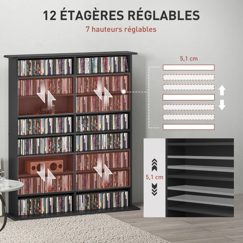 HOMCOM Rangements pour CD et DVD avec 16 compartiments et 12 étagères réglables capacité max. 720 CD/396 DVD et Blu-ray noir(m-5)