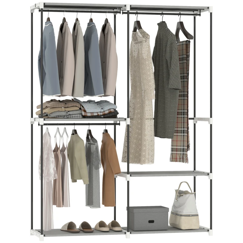 HOMCOM Armadio per Abiti Aperto con 4 Ripiani in Tessuto 3 Barre per Appendere Struttura in Metallo 142x43x185 cm Grigio Chiaro