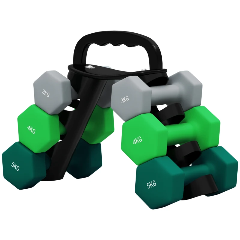 SPORTNOW Lot d'haltères hexagonaux, haltères musculation, 2 x 3 kg, 2 x 4 kg, 2 x 5 kg, avec support convertible d'haltères