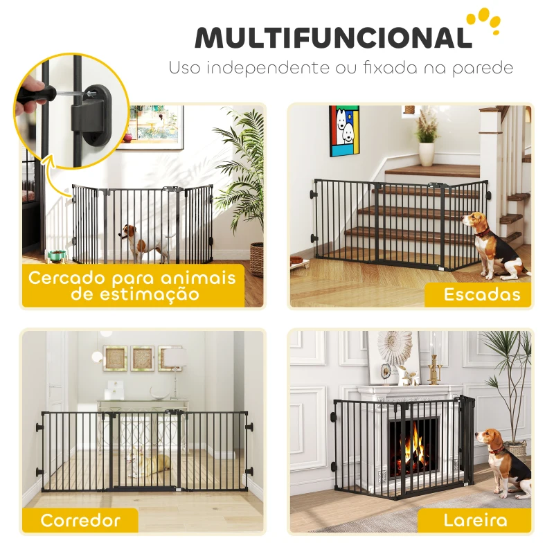 PawHut Barreira de Segurança para Cães Dobrável Barreira de Proteção para Lareira 202,5 cm com Porta para Escada Corredor Preto