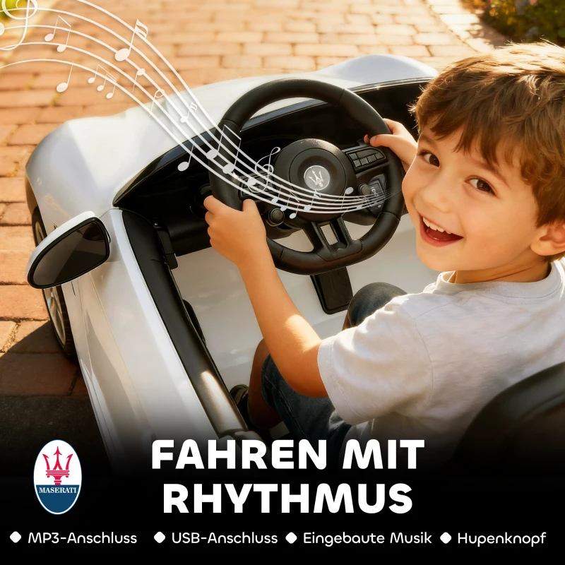 AIYAPLAY Maserati elektrische kinderauto voor kinderen, 2-zits, 12V batterij, afstandsbediening, LED-lichten, muziekfunctie, Wit