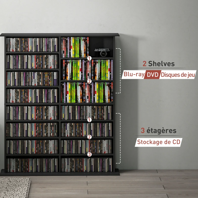 HOMCOM Rangements pour CD et DVD avec 16 compartiments et 12 étagères réglables capacité max. 720 CD/396 DVD et Blu-ray noir(m-8)
