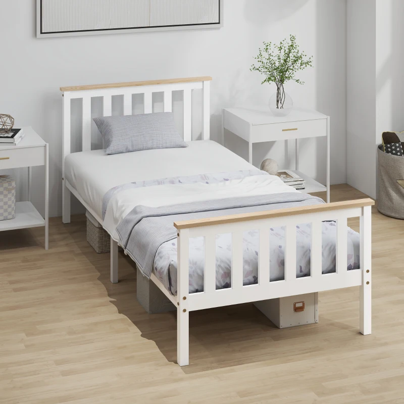 HOMCOM Eenpersoons-bedframe, houten bedframe, opbergruimte onder, natuurhout, wit