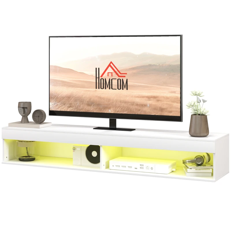 HOMCOM Meuble TV suspendu mural avec éclairage LED pour téléviseurs jusqu'à 75 pouces, étagères, 180L x 40l x 30H cm, blanc