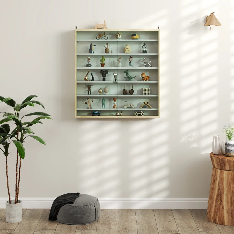 HOMCOM Vetrina per collezioni da parete, con 6 ripiani regolabili in altezza e 2 porte scorrevoli in vetro, 80 x 9,5 x 83 cm