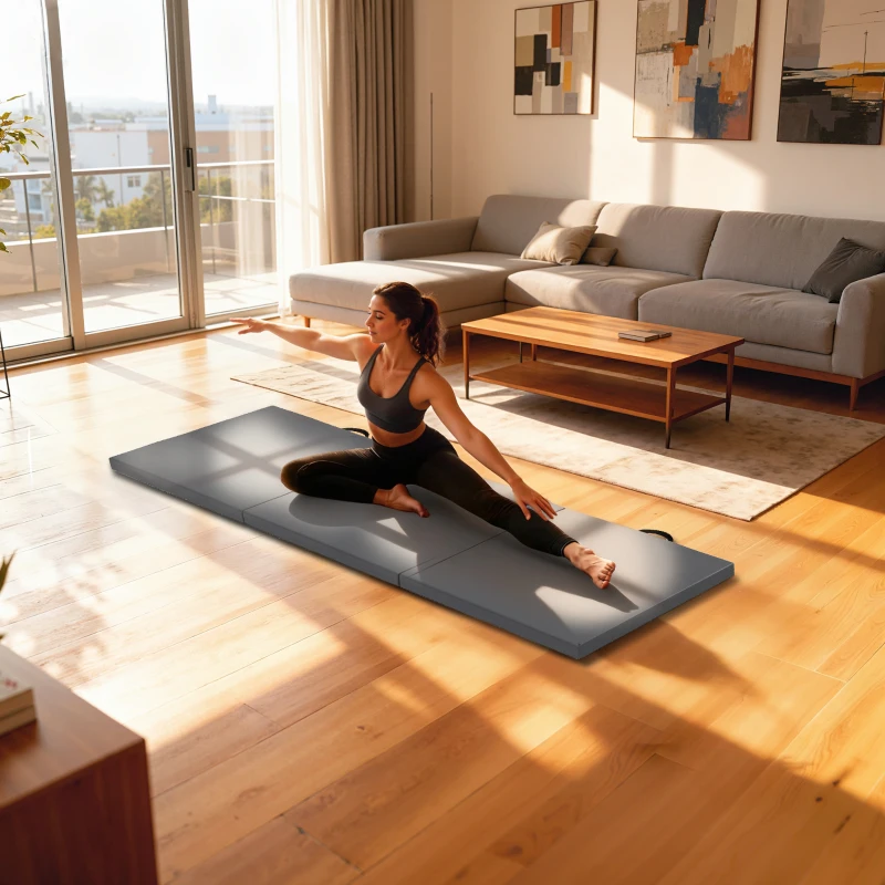 HOMCOM Tappetino fitness pieghevole in 3 pannelli con maniglie e rivestimento sintetico 180 x 60 x 5cm grigio