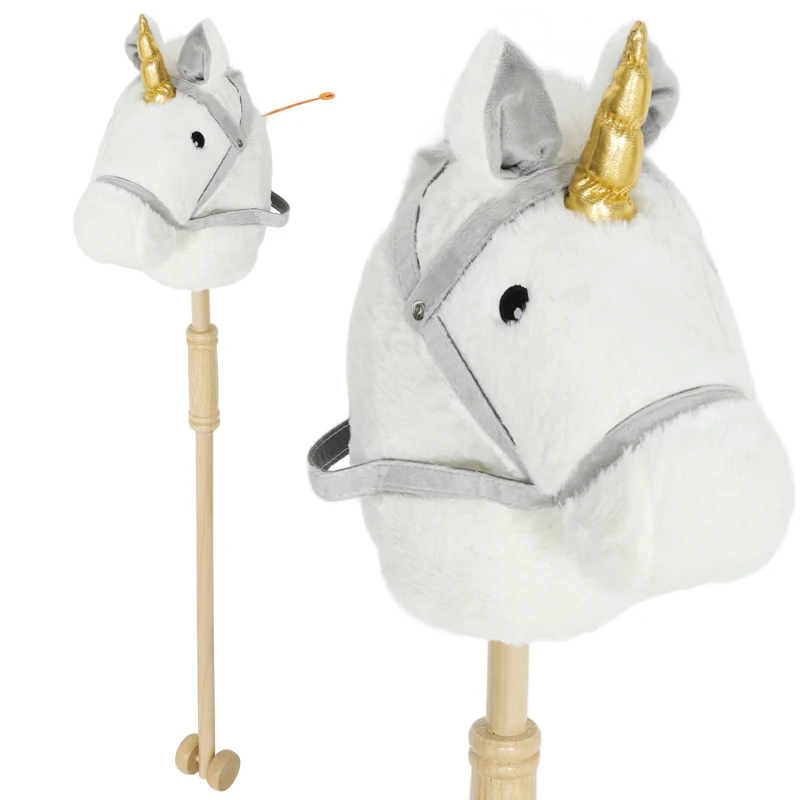 AIYAPLAY Cabeza de Caballo con Palo de Madera Diseño Unicornio Sonidos y Ruedas Caballo de Juguete 95 cm de Altura Blanco