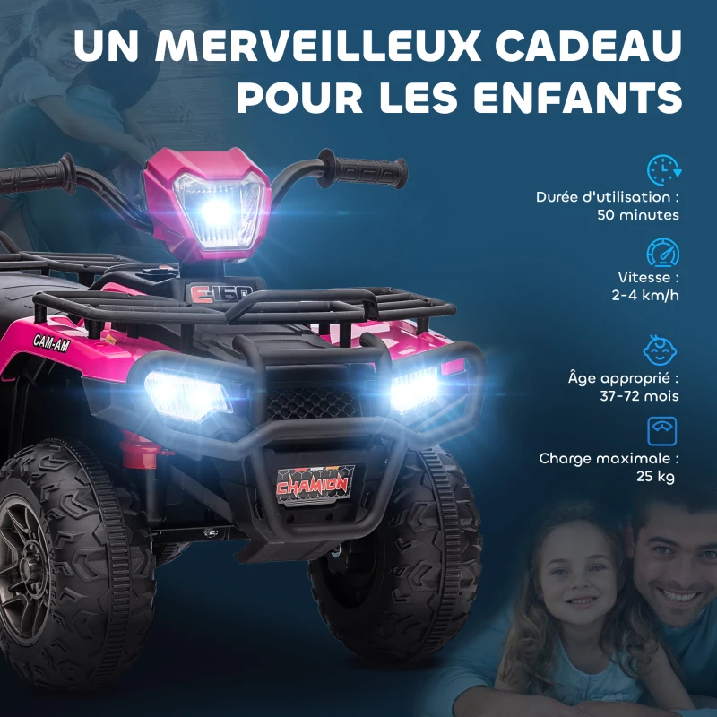 HOMCOM Quad électrique enfant 12V, voiture électrique enfants, double moteur, phares et musique, 88x45x50cm, rose(m-8)