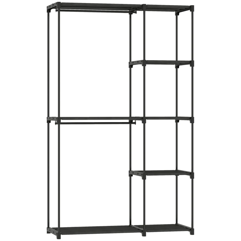 HOMCOM Guardaroba Portatile con 2 Aste e 6 Ripiani, in Tessuto non Tessuto, Plastica e Acciaio, 111x43x185 cm, Nero