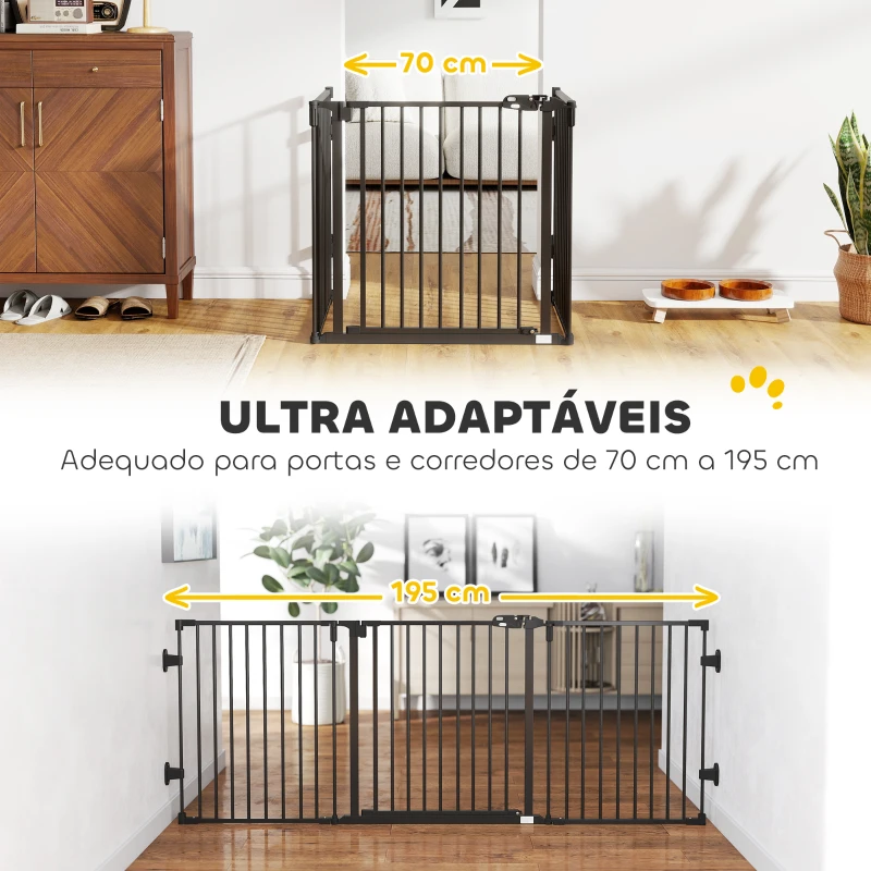 PawHut Barreira de Segurança para Cães Dobrável Barreira de Proteção para Lareira 202,5 cm com Porta para Escada Corredor Preto