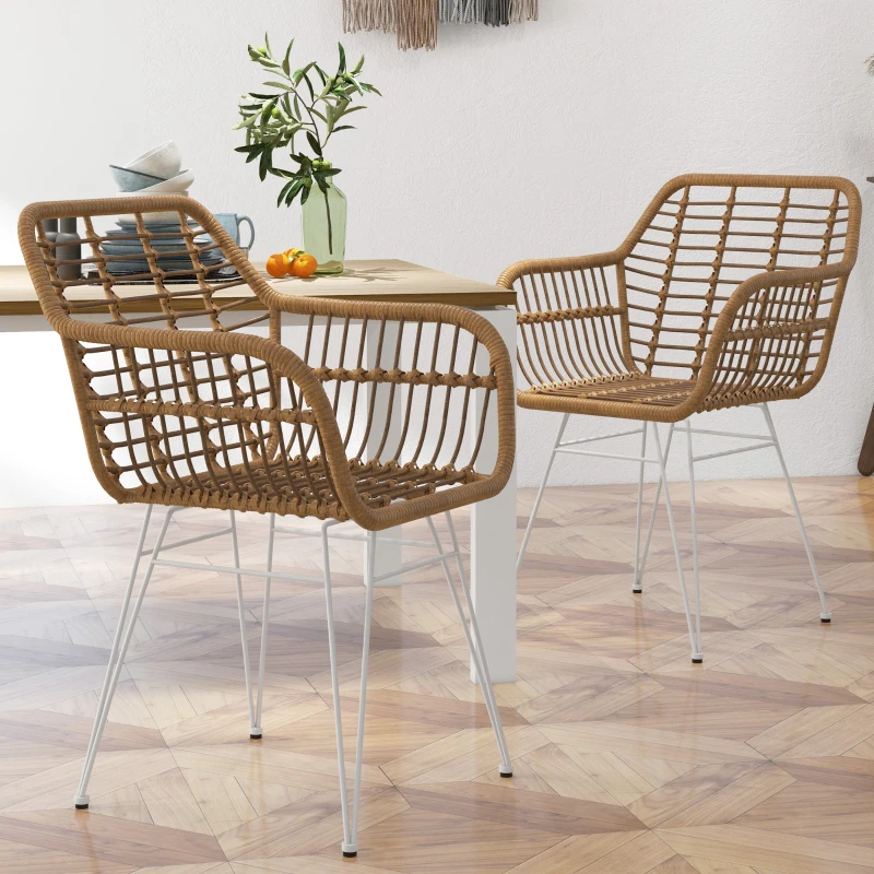 HOMCOM Lot de 2 chaises fauteuils de salle à mager design bohème assise en résine tressée piètement en acier blanc