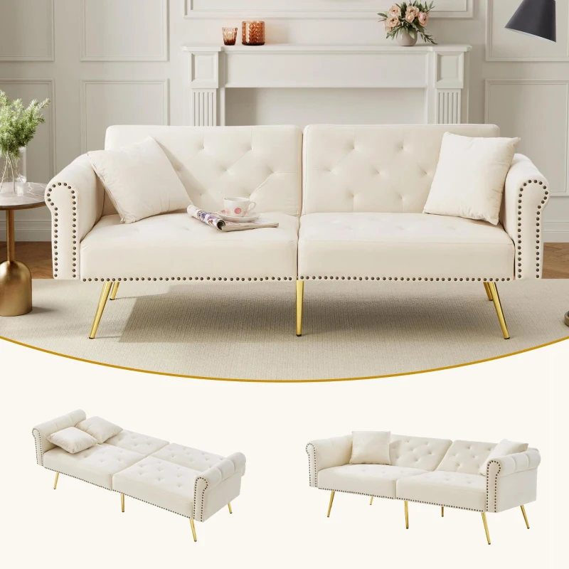 2-Seater Modern Sofa Bed with Independent Backrests, Gold-Plated Metal Feet, Velvet Couch for Living Room, 177L x 74W x 71H cm, White